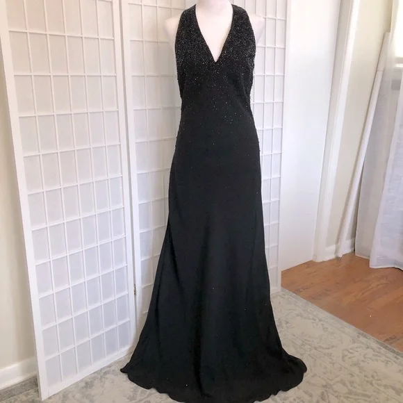 Cachet | Dresses | Cachet Stunning Black Chiffon Beaded Halter Evening Gown  Size 8 | Poshmark